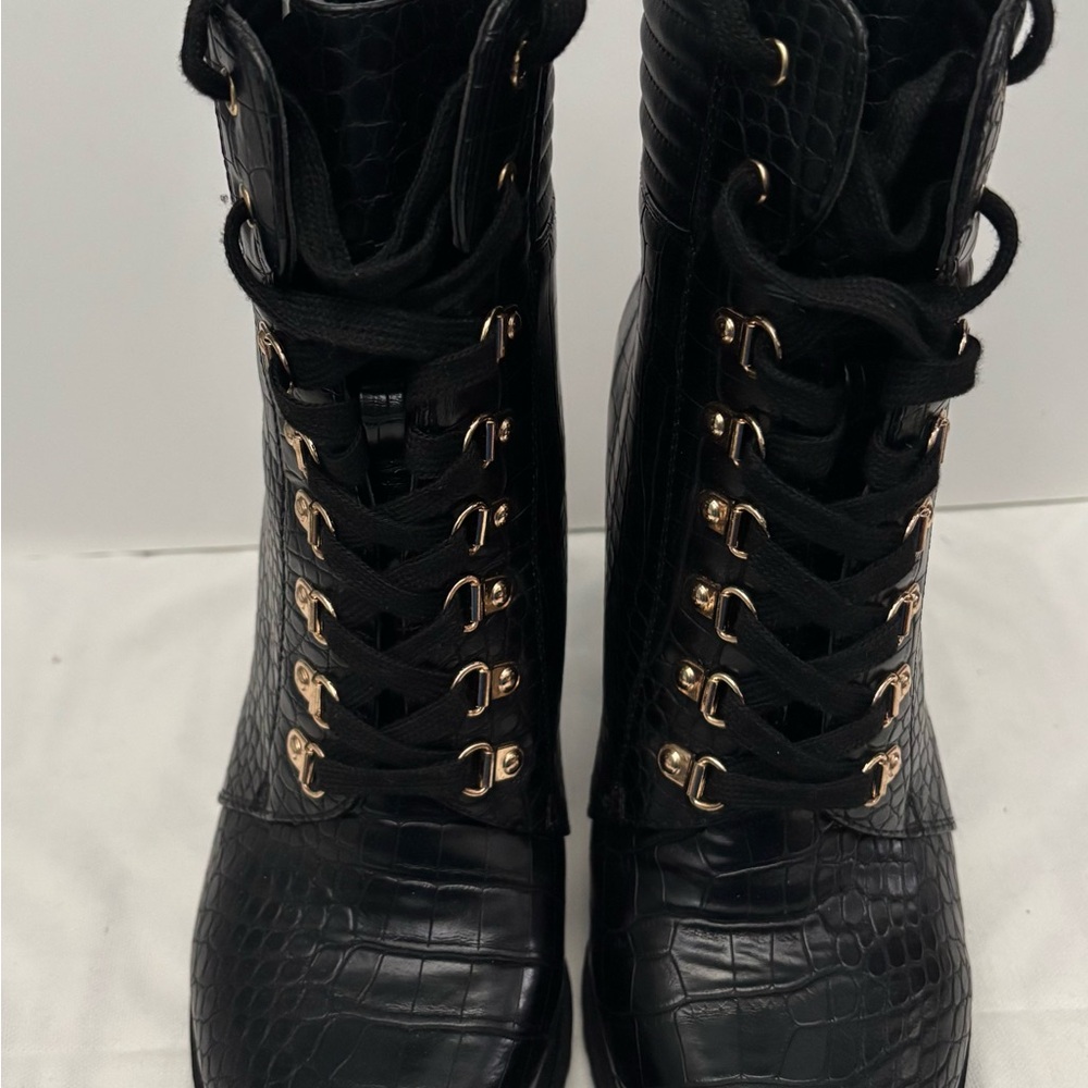 Black Textured Ankle Booties with Lace-Up Design